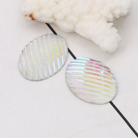 Picture of Resin AB Rainbow Color Aurora Borealis Dome Seals Cabochon Oval White Stripe Pattern Glitter 25mm(1") x 18mm( 6/8"), 30 PCs