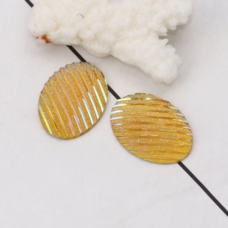 Picture of Resin AB Rainbow Color Aurora Borealis Dome Seals Cabochon Oval Yellow Stripe Pattern Glitter 25mm(1") x 18mm( 6/8"), 30 PCs
