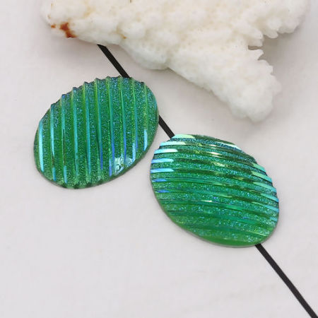 Picture of Resin AB Rainbow Color Aurora Borealis Dome Seals Cabochon Oval Green Stripe Pattern Glitter 25mm(1") x 18mm( 6/8"), 30 PCs