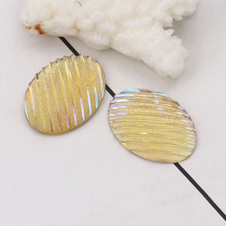 Picture of Resin AB Rainbow Color Aurora Borealis Dome Seals Cabochon Oval Pale Yellow Stripe Pattern Glitter 25mm(1") x 18mm( 6/8"), 30 PCs
