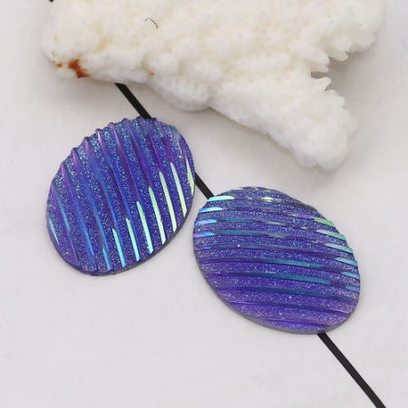 Picture of Resin AB Rainbow Color Aurora Borealis Dome Seals Cabochon Oval Blue Violet Stripe Pattern Glitter 25mm(1") x 18mm( 6/8"), 30 PCs
