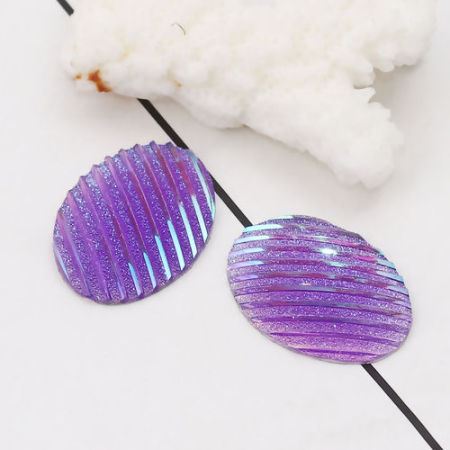 Picture of Resin AB Rainbow Color Aurora Borealis Dome Seals Cabochon Oval Purple Stripe Pattern Glitter 25mm(1") x 18mm( 6/8"), 30 PCs