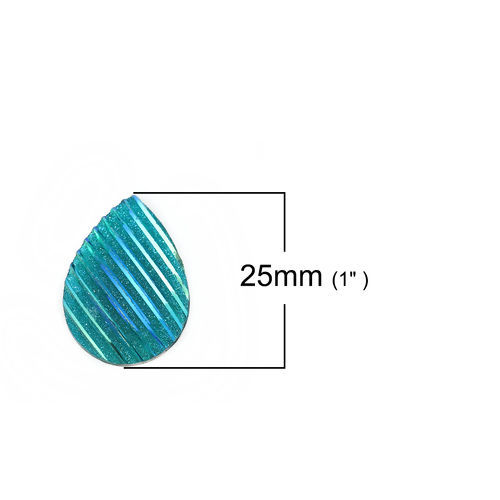 Image de Cabochon Dôme en Résine AB Couleur Irisation Aurores Boréales Goutte d'Eau Bleu-Vert Rayées Brillant 25mm x 18mm, 30 Pcs