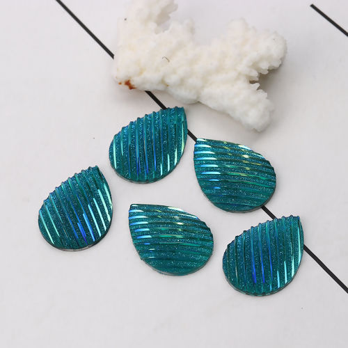 Image de Cabochon Dôme en Résine AB Couleur Irisation Aurores Boréales Goutte d'Eau Bleu-Vert Rayées Brillant 25mm x 18mm, 30 Pcs