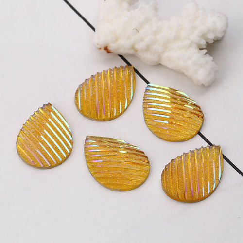 Image de Cabochon Dôme en Résine AB Couleur Irisation Aurores Boréales Goutte d'Eau Jaune Rayées Brillant 25mm x 18mm, 30 Pcs