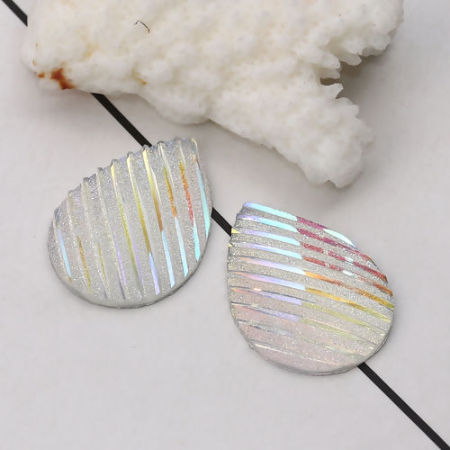 Picture of Resin AB Rainbow Color Aurora Borealis Dome Seals Cabochon Drop White Stripe Pattern Glitter 25mm(1") x 18mm( 6/8"), 30 PCs