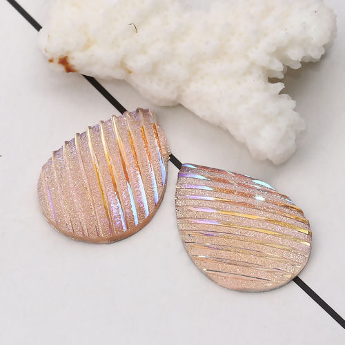Picture of Resin AB Rainbow Color Aurora Borealis Dome Seals Cabochon Drop Pink Stripe Pattern Glitter 25mm(1") x 18mm( 6/8"), 30 PCs