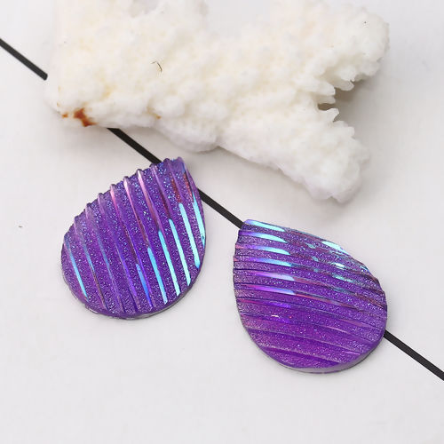 Image de Cabochon Dôme en Résine AB Couleur Irisation Aurores Boréales Goutte d'Eau Violet Rayées Brillant 25mm x 18mm, 30 Pcs