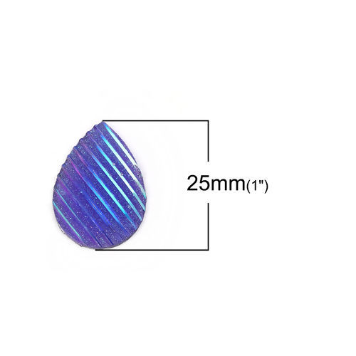 Image de Cabochon Dôme en Résine AB Couleur Irisation Aurores Boréales Goutte d'Eau Bleu Violet Rayées Brillant 25mm x 18mm, 30 Pcs