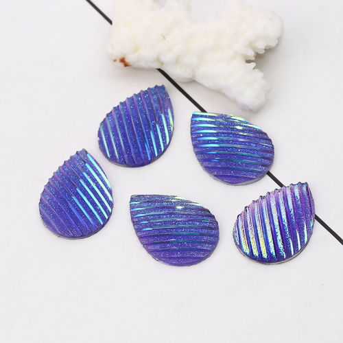 Image de Cabochon Dôme en Résine AB Couleur Irisation Aurores Boréales Goutte d'Eau Bleu Violet Rayées Brillant 25mm x 18mm, 30 Pcs