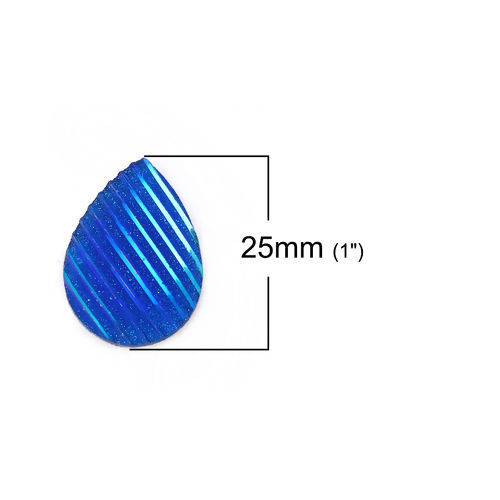 Image de Cabochon Dôme en Résine AB Couleur Irisation Aurores Boréales Goutte d'Eau Bleu Rayées Brillant 25mm x 18mm, 30 Pcs