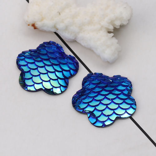 Picture of Resin Mermaid Fish/ Dragon Scale Dome Seals Cabochon Plum Blossom Blue AB Color 26mm(1") x 25mm(1"), 30 PCs