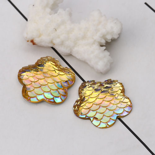 Picture of Resin Mermaid Fish/ Dragon Scale Dome Seals Cabochon Plum Blossom Pale Yellow AB Color 26mm(1") x 25mm(1"), 30 PCs