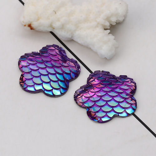 Picture of Resin Mermaid Fish/ Dragon Scale Dome Seals Cabochon Plum Blossom Purple AB Color 26mm(1") x 25mm(1"), 30 PCs