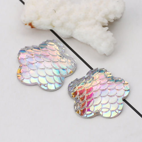 Picture of Resin Mermaid Fish/ Dragon Scale Dome Seals Cabochon Plum Blossom White AB Color 26mm(1") x 25mm(1"), 30 PCs