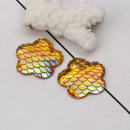 Picture of Resin Mermaid Fish/ Dragon Scale Dome Seals Cabochon Plum Blossom Yellow AB Color 26mm(1") x 25mm(1"), 30 PCs