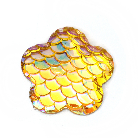 Bild von Harz Meerjungfrau/Drachen Fischschuppen Dom Cabochon Verzierung Pflaumenblüte Gelb AB Farbe 26mm x 25mm , 30 Stück