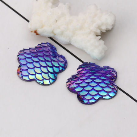 Picture of Resin Mermaid Fish/ Dragon Scale Dome Seals Cabochon Plum Blossom Blue Violet AB Color 26mm(1") x 25mm(1"), 30 PCs