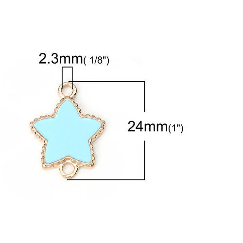Imagen de Zamak Conectores Estrellas de cinco puntos Chapado en Oro Azul Claro Esmalte 24mm x 19mm, 10 Unidades
