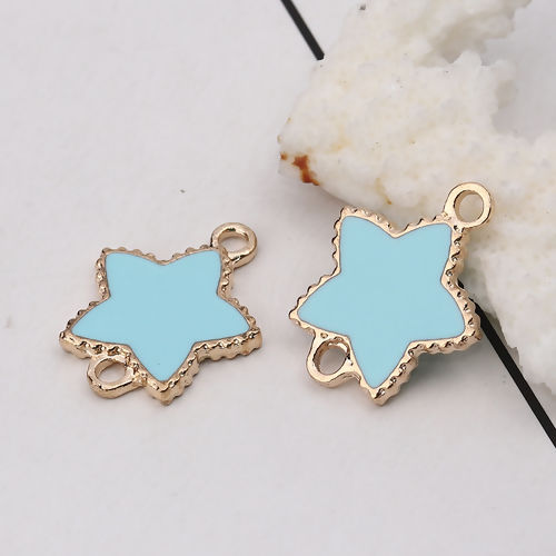 Imagen de Zamak Conectores Estrellas de cinco puntos Chapado en Oro Azul Claro Esmalte 24mm x 19mm, 10 Unidades