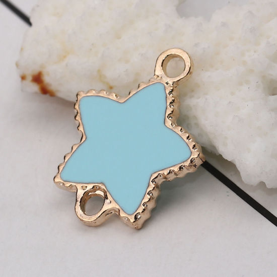 Imagen de Zamak Conectores Estrellas de cinco puntos Chapado en Oro Azul Claro Esmalte 24mm x 19mm, 10 Unidades