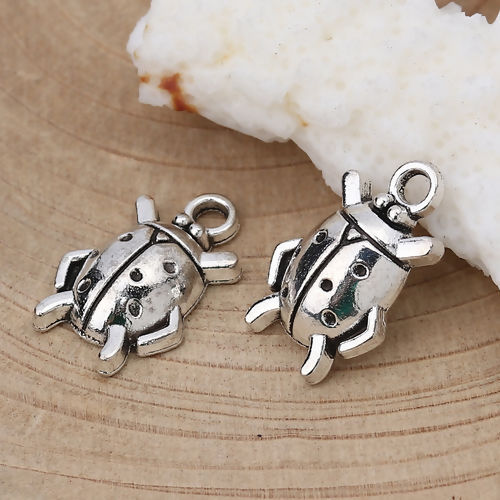 Image de Breloques en Alliage de Zinc Coccinelle Argent Vieilli 17mm x 11mm, 50 Pcs