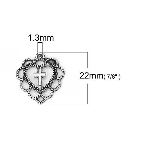 Picture of Zinc Based Alloy Charms Heart Antique Silver Color Cross 22mm( 7/8") x 20mm( 6/8"), 30 PCs
