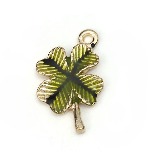 Picture of Zinc Based Alloy Charms Four Leaf Clover Gold Plated Green Enamel 18mm( 6/8") x 12mm( 4/8"), 10 PCs