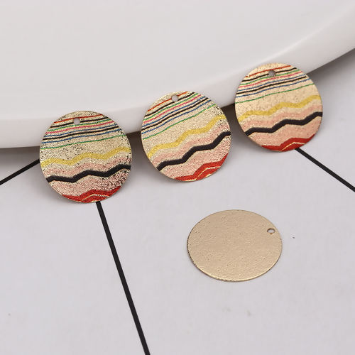 Picture of Iron Based Alloy Enamel Painting Charms Round Gold Plated Multicolor Ripple Sparkledust 20mm( 6/8") Dia, 3 PCs