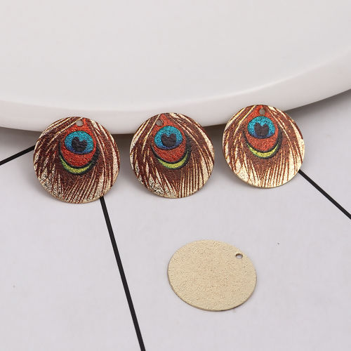 Picture of Iron Based Alloy Enamel Painting Charms Peacock Feather Gold Plated Multicolor Round Sparkledust 20mm( 6/8") Dia, 3 PCs