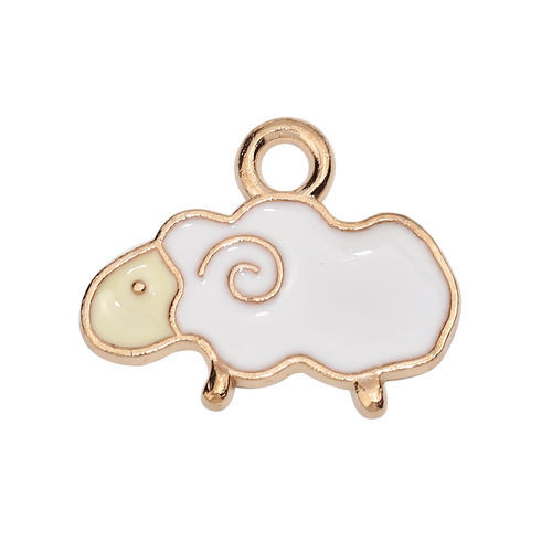 Bild von Zinklegierung Charms Schaf Vergoldet Weiß Emaille 19mm x 15mm, 20 Stück