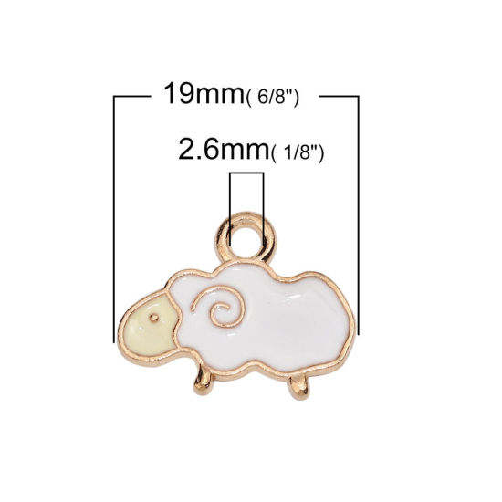 Bild von Zinklegierung Charms Schaf Vergoldet Weiß Emaille 19mm x 15mm, 20 Stück