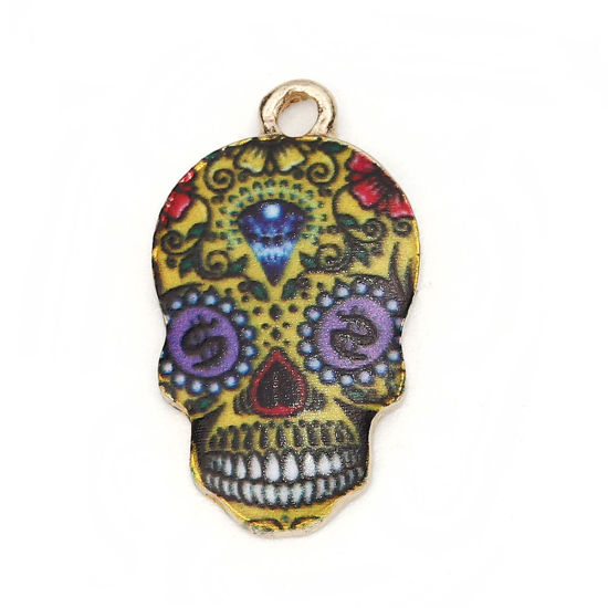 Picture of Zinc Based Alloy Halloween Charms Skull Gold Plated Multicolor Flower Enamel 22mm( 7/8") x 12mm( 4/8"), 10 PCs