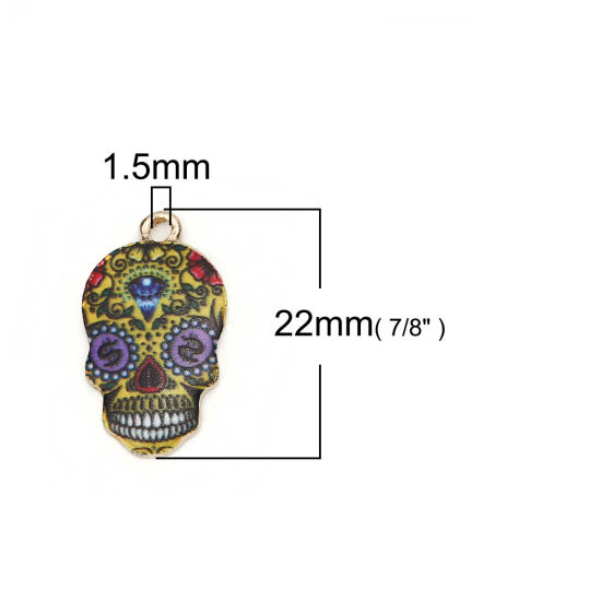 Picture of Zinc Based Alloy Halloween Charms Skull Gold Plated Multicolor Flower Enamel 22mm( 7/8") x 12mm( 4/8"), 10 PCs