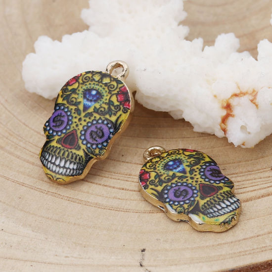 Picture of Zinc Based Alloy Halloween Charms Skull Gold Plated Multicolor Flower Enamel 22mm( 7/8") x 12mm( 4/8"), 10 PCs