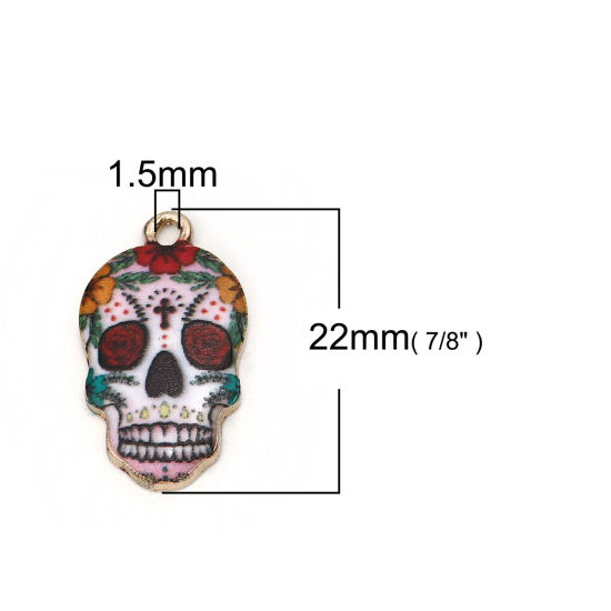 Picture of Zinc Based Alloy Halloween Charms Skull Gold Plated Multicolor Flower Enamel 22mm( 7/8") x 12mm( 4/8"), 10 PCs