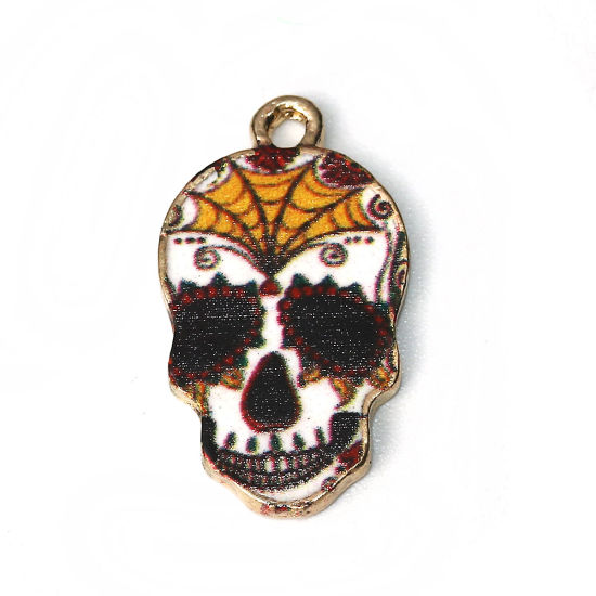 Picture of Zinc Based Alloy Halloween Charms Skull Gold Plated Multicolor Halloween Cobweb Enamel 22mm( 7/8") x 12mm( 4/8"), 10 PCs