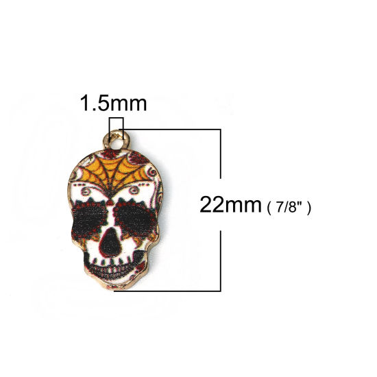 Picture of Zinc Based Alloy Halloween Charms Skull Gold Plated Multicolor Halloween Cobweb Enamel 22mm( 7/8") x 12mm( 4/8"), 10 PCs