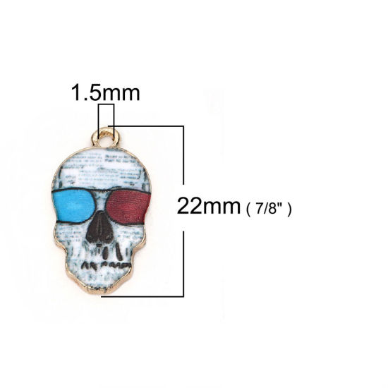 Picture of Zinc Based Alloy Halloween Charms Skull Gold Plated Multicolor Halloween Cobweb Enamel 22mm( 7/8") x 12mm( 4/8"), 10 PCs