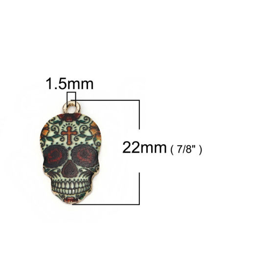 Picture of Zinc Based Alloy Halloween Charms Skull Gold Plated Multicolor Halloween Cobweb Enamel 22mm( 7/8") x 12mm( 4/8"), 10 PCs