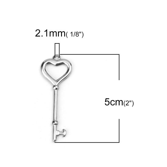 304ステンレス鋼 ペンダント キー シルバートーン ハート 50mm x 18mm、 5 個 の画像