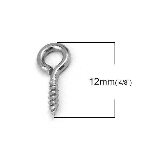 Picture of 304 Stainless Steel Screw Eyes Bails Top Drilled Findings Silver Tone 12mm( 4/8") x 5mm( 2/8"), 100 PCs