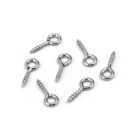 Picture of 304 Stainless Steel Screw Eyes Bails Top Drilled Findings Silver Tone 10mm( 3/8") x 4mm( 1/8"), 100 PCs