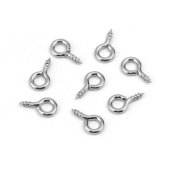 Picture of 304 Stainless Steel Screw Eyes Bails Top Drilled Findings Silver Tone 9mm( 3/8") x 5mm( 2/8"), 100 PCs