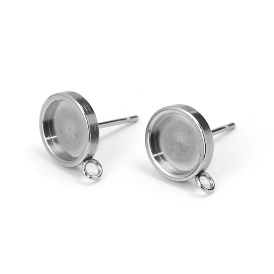 304ステンレス鋼 イヤリング 円形 シルバートーン ( 台座付 8mm に適応) ループあり　13mm x 10mm、 ワイヤーサイズ: （20号）、 10 個 の画像