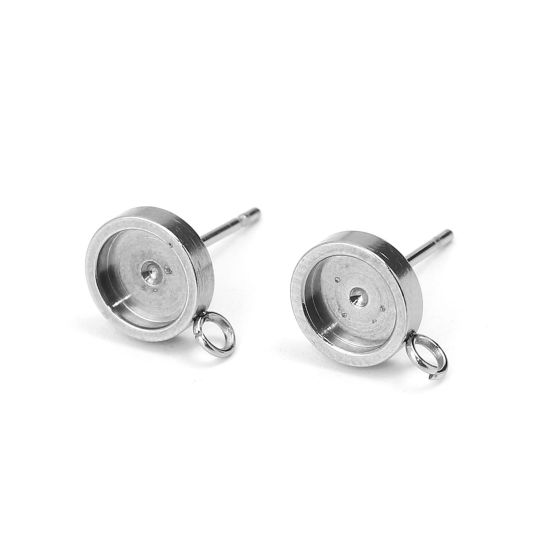 304ステンレス鋼 イヤリング 円形 シルバートーン ( 台座付 10mm に適応) ループあり　15mm x 12mm、 ワイヤーサイズ: （20号）、 10 個 の画像