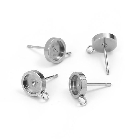 304ステンレス鋼 イヤリング 円形 シルバートーン ( 台座付 10mm に適応) ループあり　15mm x 12mm、 ワイヤーサイズ: （20号）、 10 個 の画像