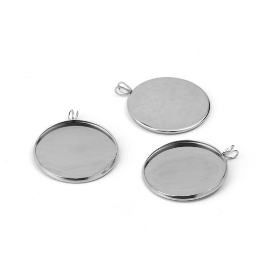 Bild von 304 Edelstahl Anhänger Rund Silberfarbe Cabochon Fassung (für 25mm D.) 32mm x 27mm, 5 Stück