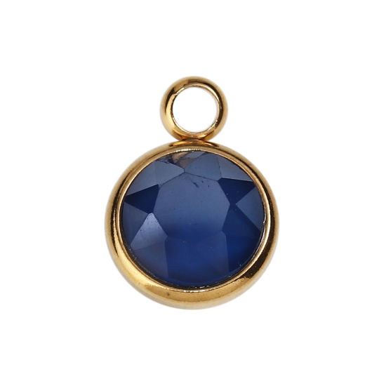 Picture of 304 Stainless Steel & Glass Charms Round Gold Plated Deep Blue Faceted 14mm x 10mm, 1 Piece