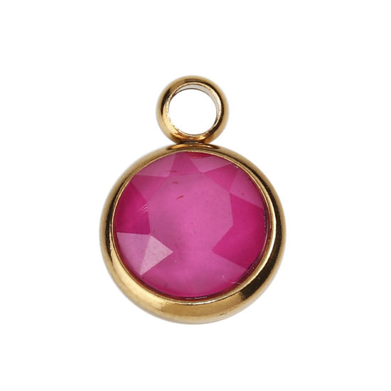 Picture of 304 Stainless Steel & Glass Charms Round Gold Plated Fuchsia Faceted 14mm x 10mm, 1 Piece